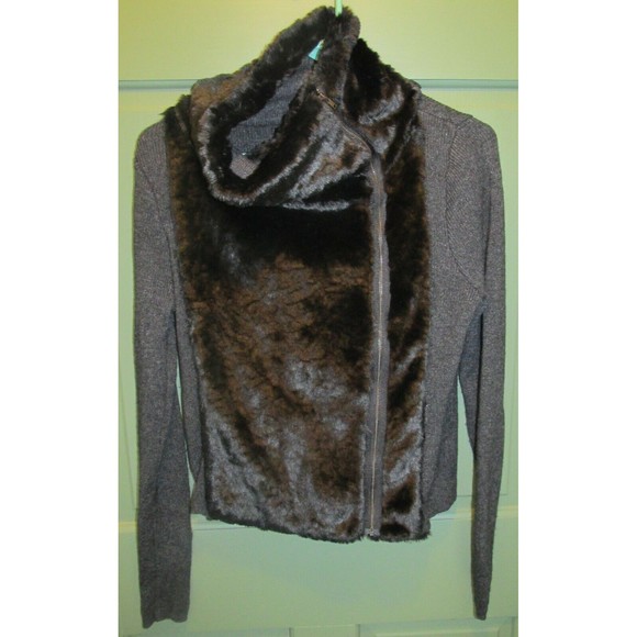 Ann Taylor LOFT Faux Fur Wool Blend Sweater Jacket Black Grey Size S - Picture 1 of 8